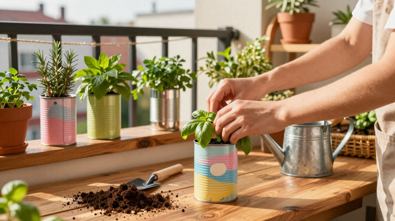 Mãos cuidando de planta em vaso colorido sobre mesa de madeira com regador e outras plantas no parapeito.