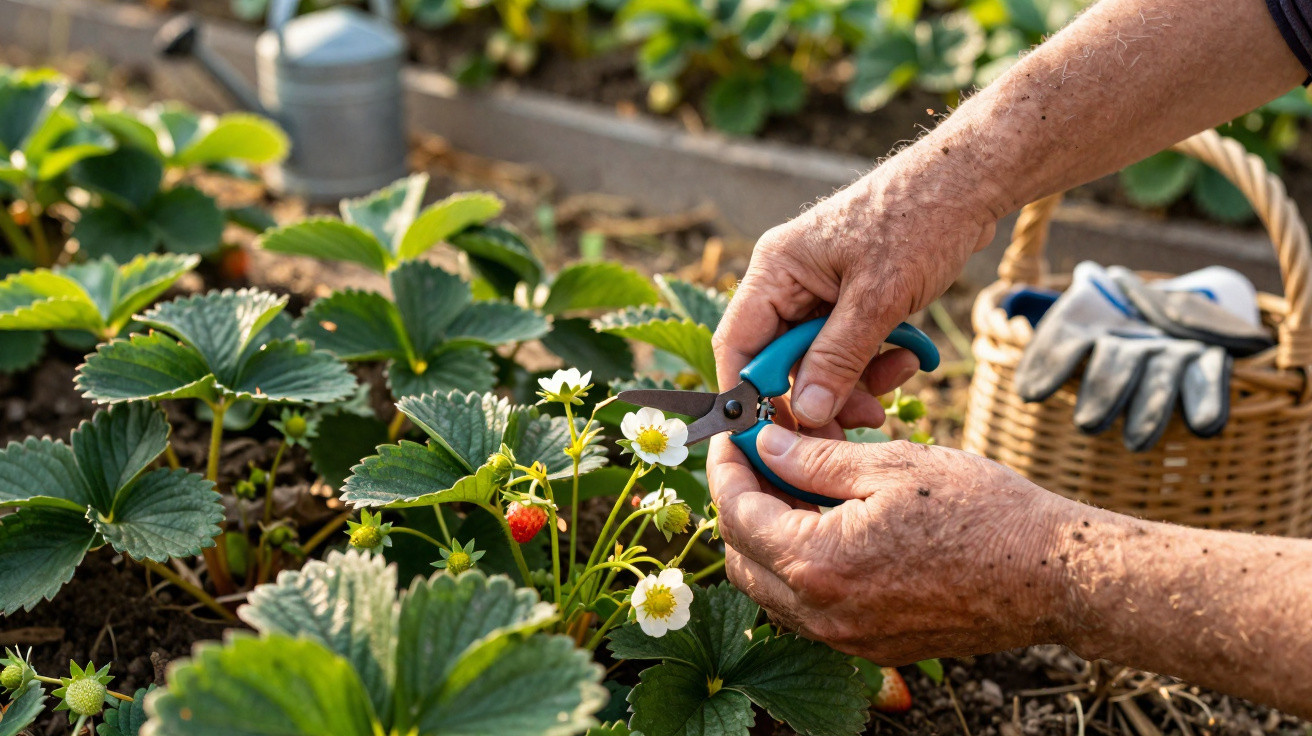 Mãos podando flores de planta de morango em jardim, com cesta e luvas ao fundo.