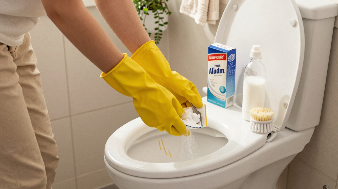 Pessoa com luvas amarelas limpando vaso sanitário branco com produtos de limpeza.