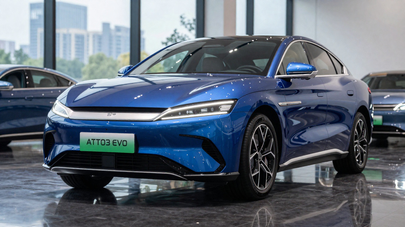 Carro elétrico azul ATT03 EVO em exposição interna com detalhes modernos e design aerodinâmico.