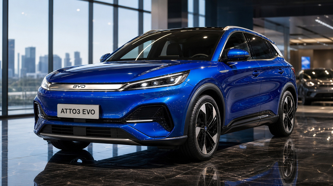 Carro SUV elétrico azul BYD ATTO3 EVO em showroom com piso refletivo e fundo urbano.