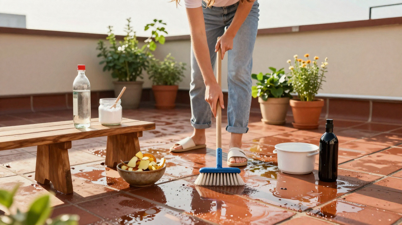 Pessoa varrendo líquido derramado no chão de terraço com vários vasos de plantas ao fundo.