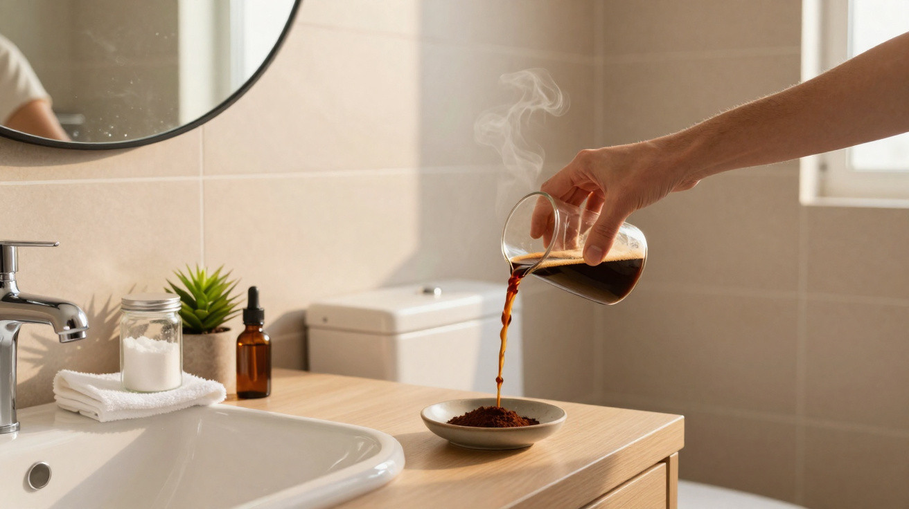 Mão despejando café quente em coador sobre prato na bancada de banheiro com pia, toalha e planta.