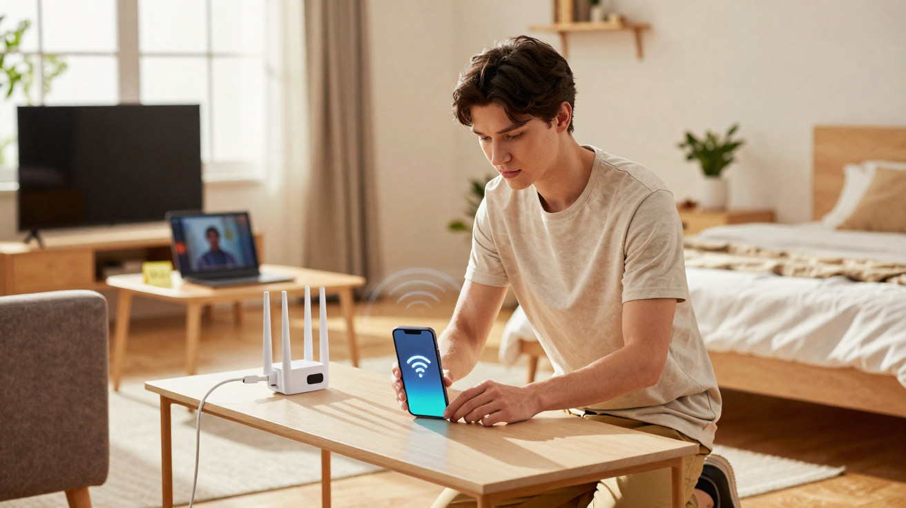 Jovem configurando roteador Wi-Fi com celular em quarto iluminado e moderno.