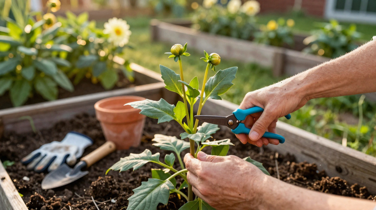 Pessoa podando planta com tesoura de jardinagem em canteiro com terra úmida e ferramentas ao fundo.