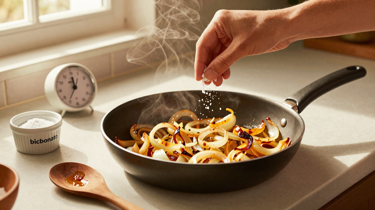 Mão salpicando sal em cebolas douradas e queimadas em frigideira preta em cozinha iluminada.