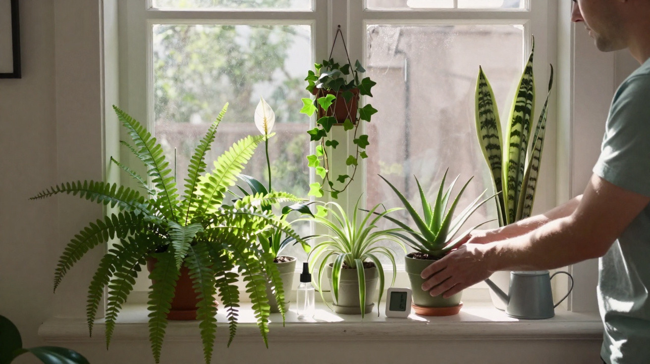 Pessoa cuidando de plantas variadas em vasos na janela iluminada pela luz natural.