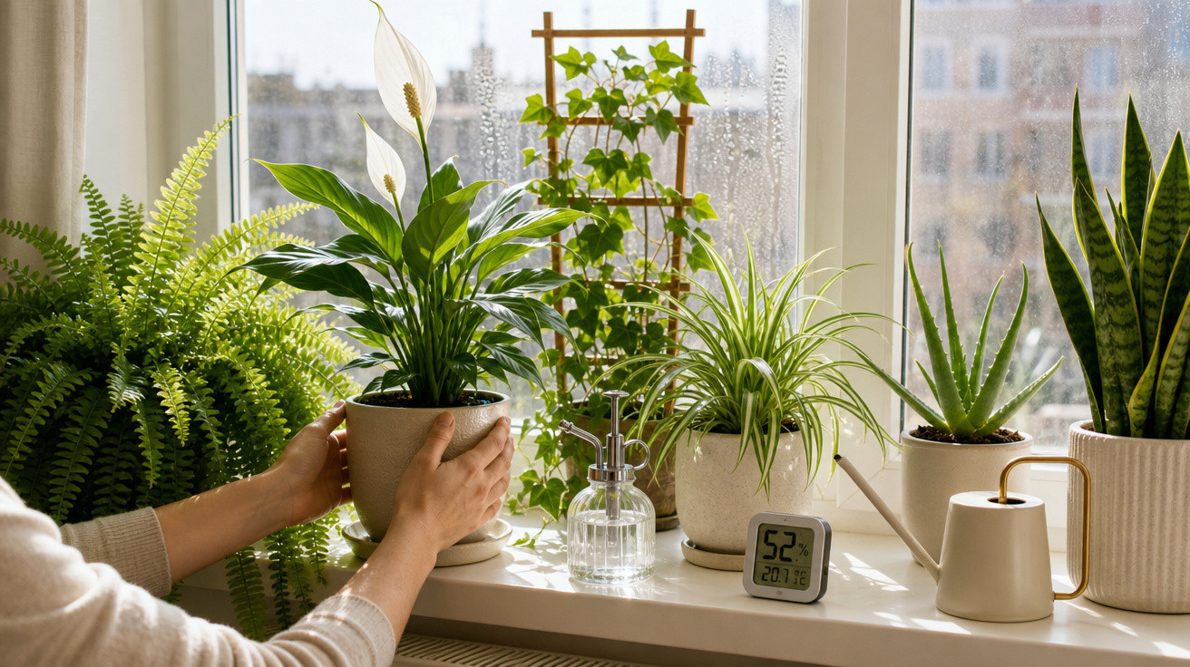 Plantas diversas em vasos sobre o parapeito de janela em dia chuvoso, com mãos segurando um vaso e regador à vista.