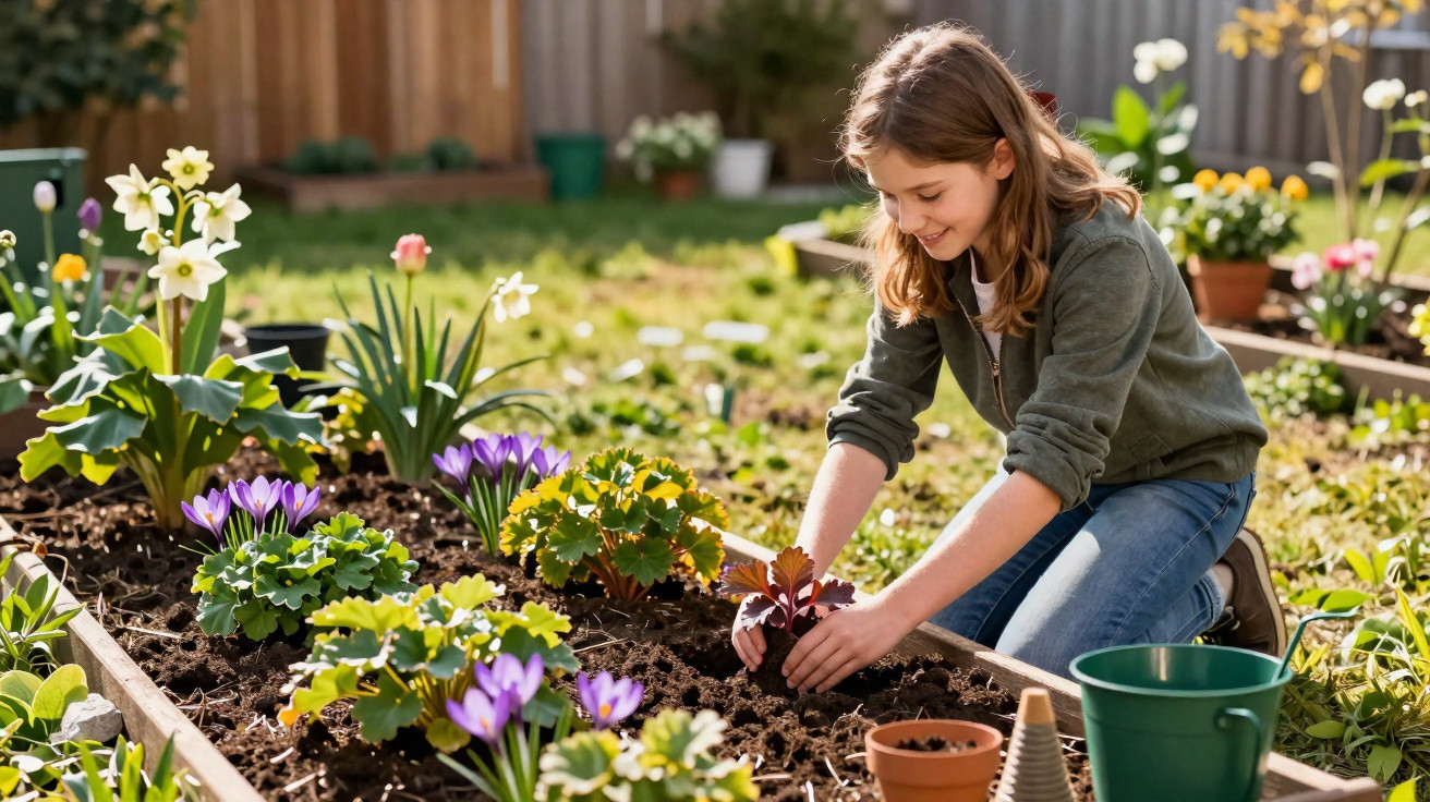 Menina jovem plantando flores coloridas em canteiro de jardim ensolarado em área externa.