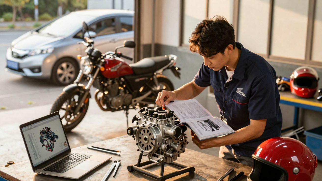 Jovem estudando motor de motocicleta com livro técnico e notebook em oficina.