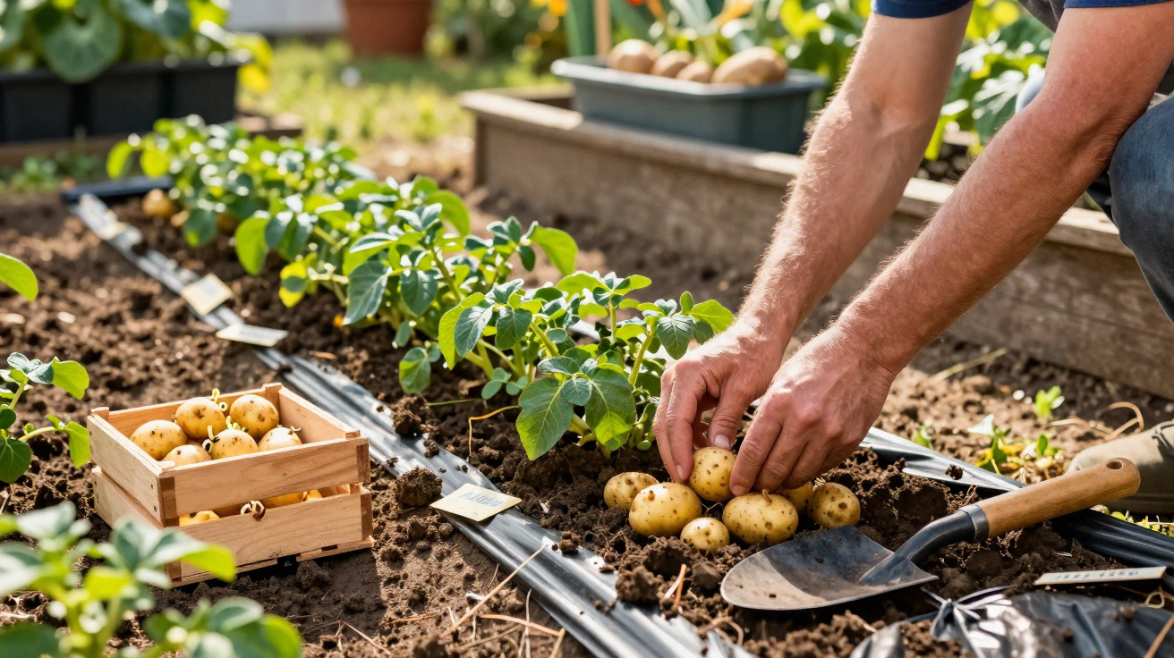 Pessoa colhendo batatas em uma horta com plantas e caixa de madeira ao lado.