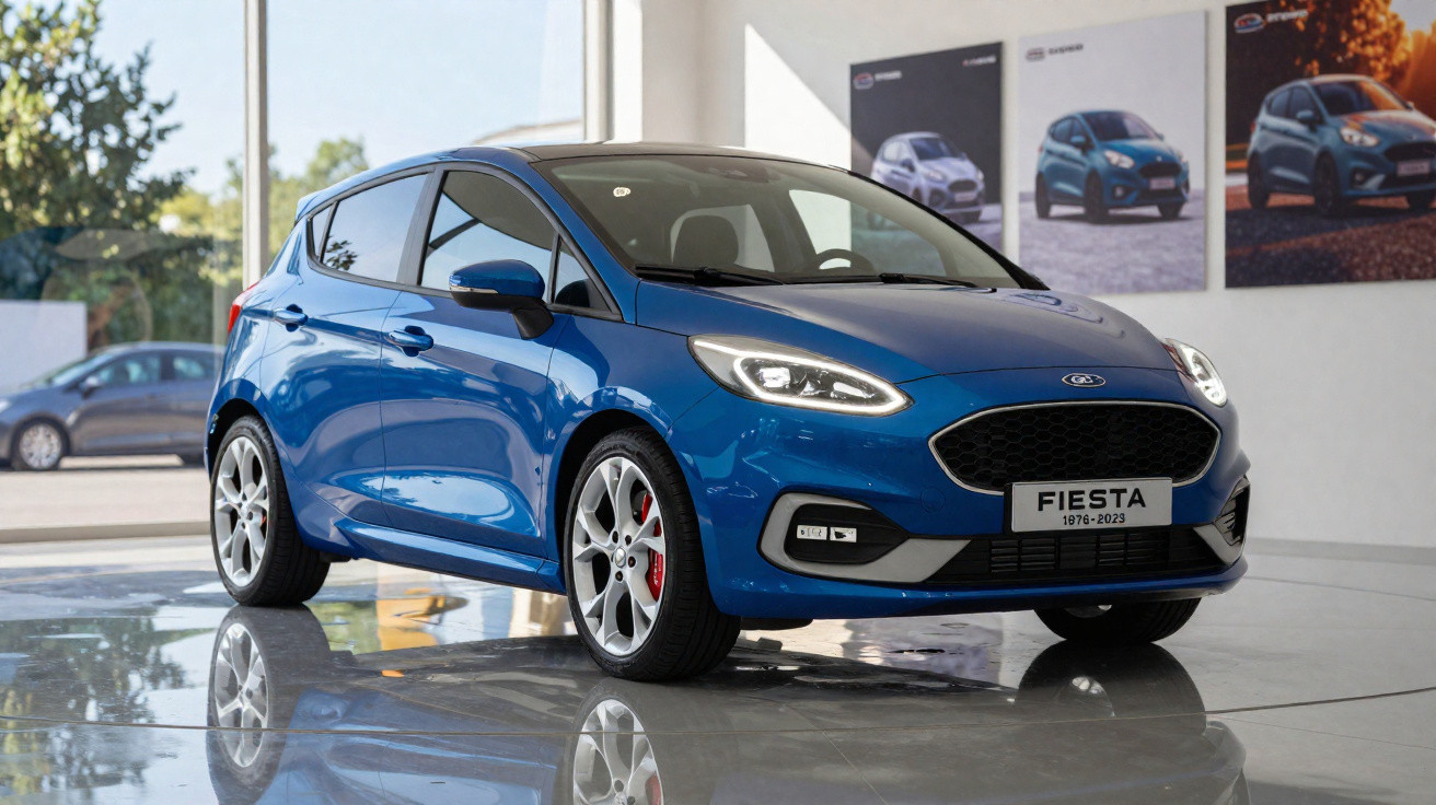 Carro hatch azul Ford Fiesta 2023 exposto em showroom com luz natural refletindo no piso.