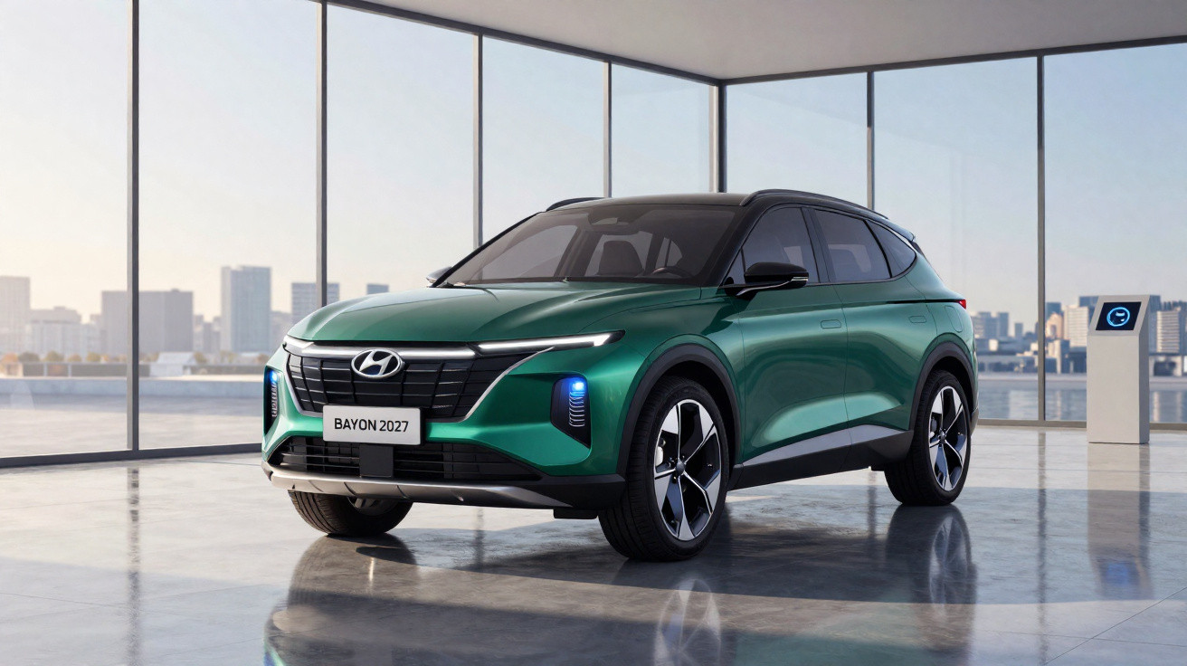 Carro Hyundai Bayon 2027 verde exibido em showroom moderno com paredes de vidro e vista para cidade.