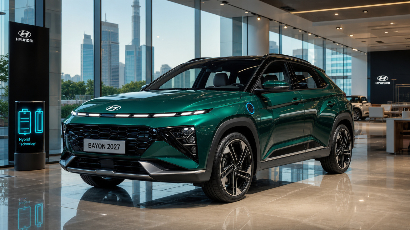 SUV Hyundai Bayon 2027 verde exposto em showroom moderno com vidros amplos e edifícios ao fundo.