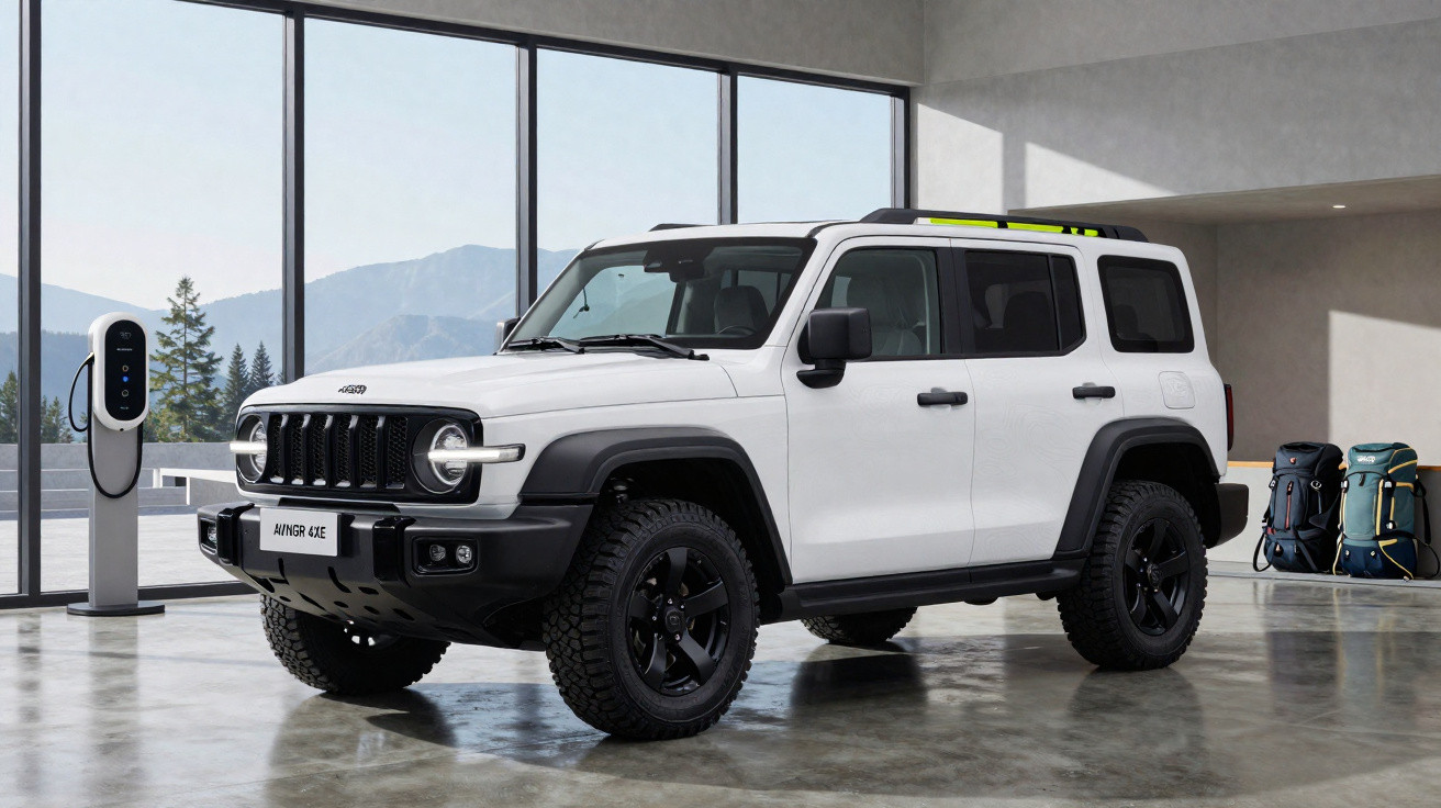 SUV elétrico branco estacionado em garagem moderna com carregador e mochila ao fundo.