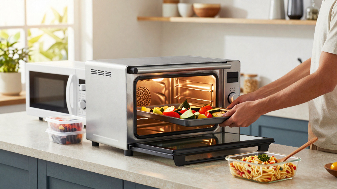 Pessoa retirando assadeira com legumes coloridos de forno elétrico em cozinha moderna.