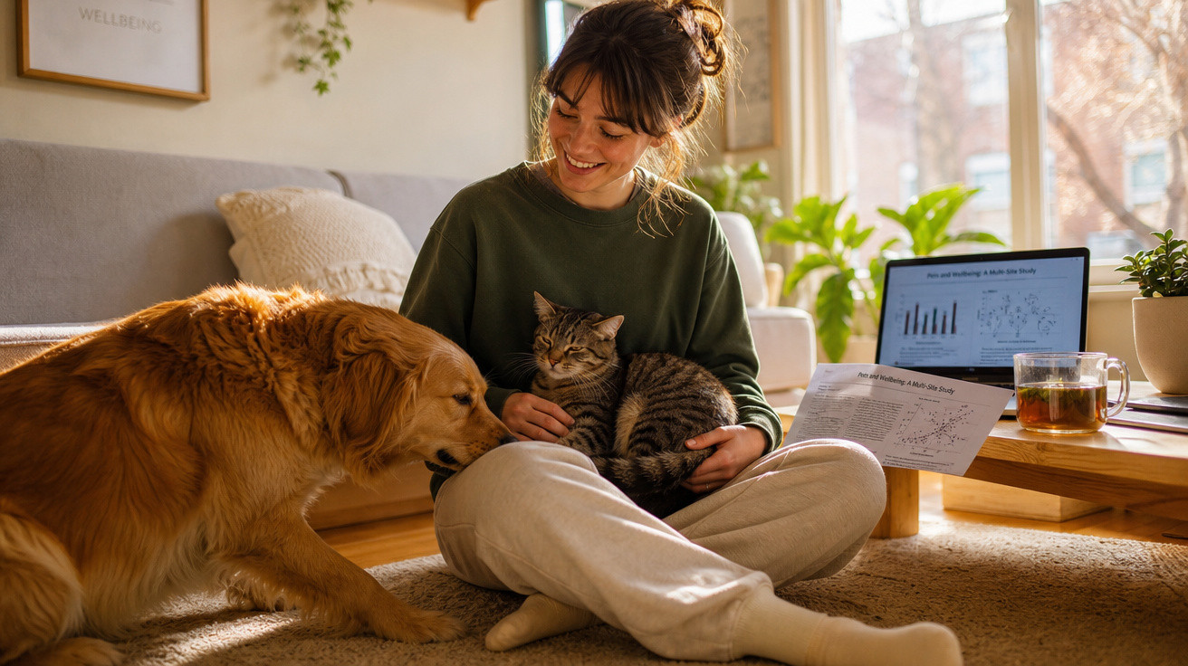 Mulher sentada no tapete com gato no colo e cachorro próximo, com laptop e chá na mesa de centro.
