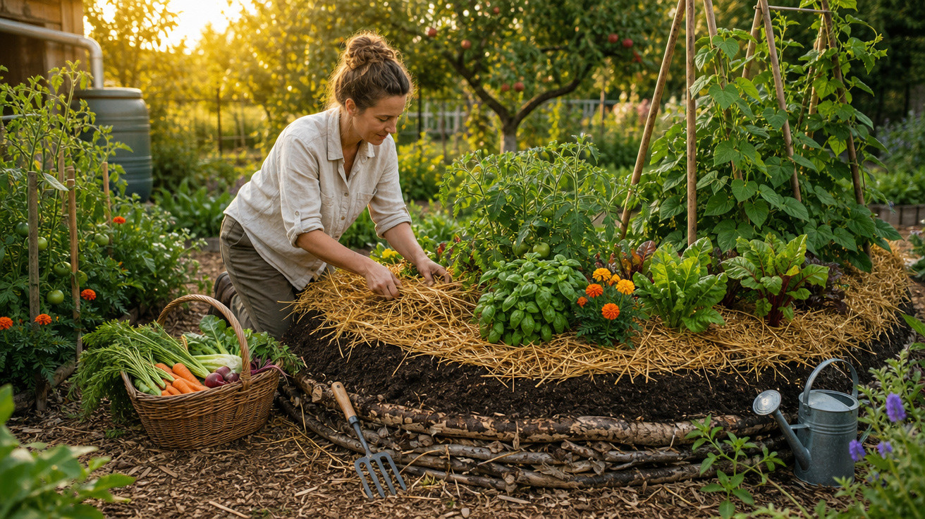 Mulher cuidando de horta elevada com plantas e flores, ao lado cesta de legumes e regador.
