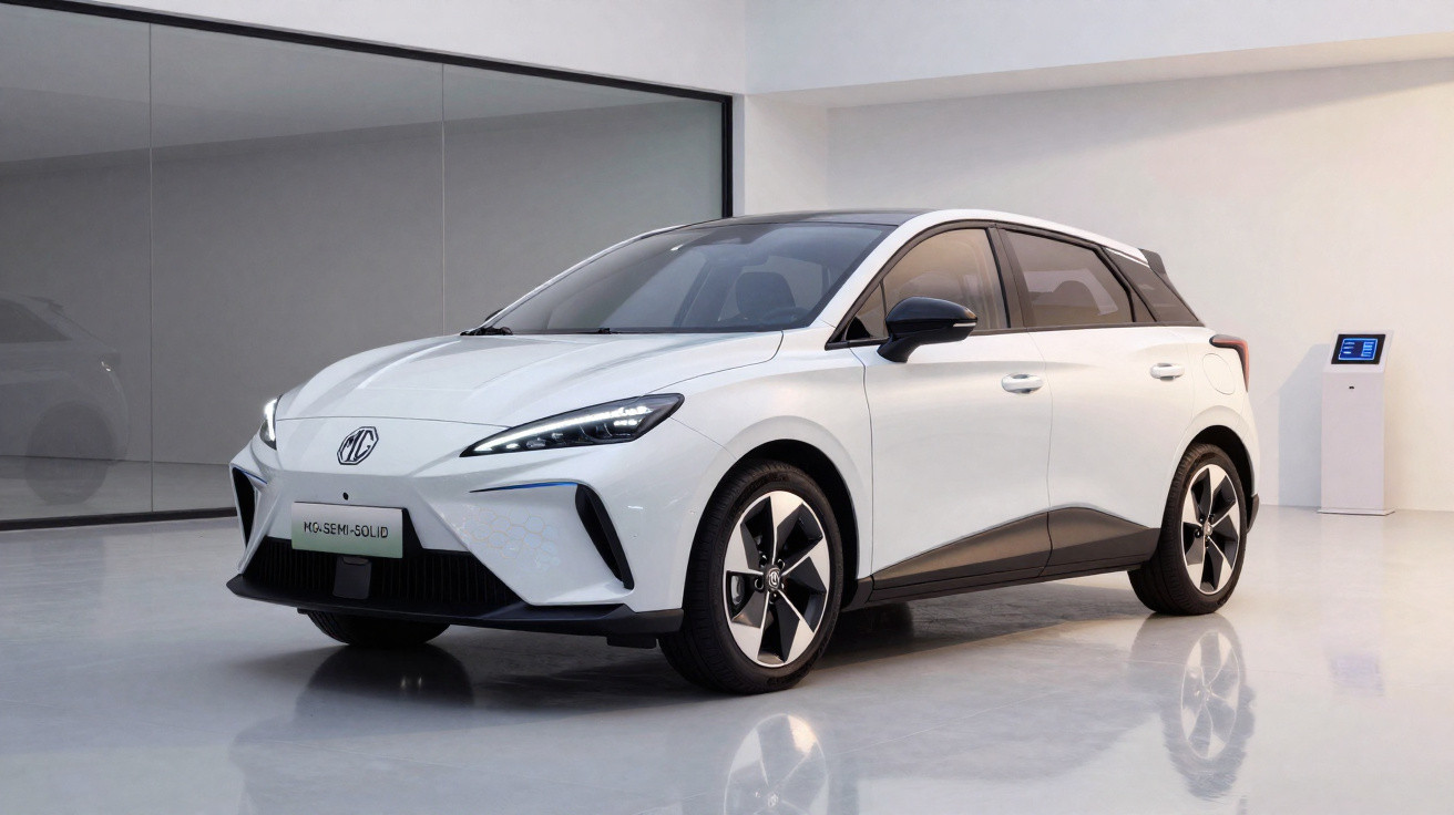 Carro elétrico branco modelo hatch MG Semi-Sólido em ambiente interno sofisticado e iluminado.