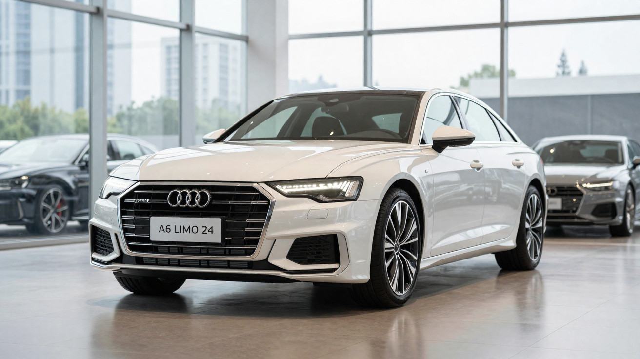 Carro Audi A6 branco em exposição dentro de showroom moderno com grandes janelas de vidro.