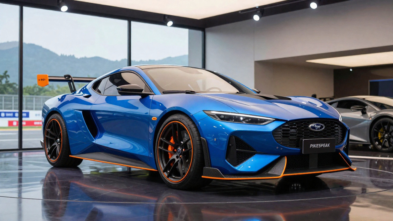 Carro esportivo azul com detalhes laranja em showroom moderno com vidro e vista para montanhas.