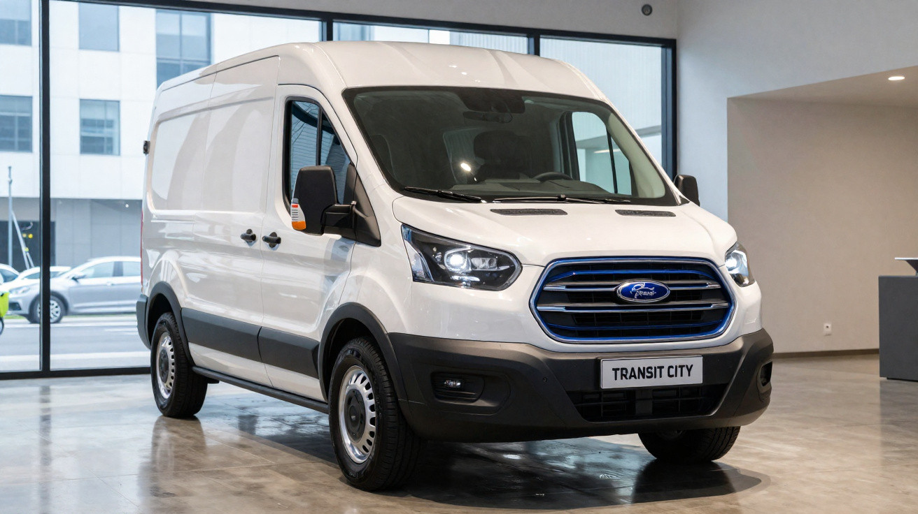 Van branca Ford Transit City estacionada em showroom moderno com janelas amplas.