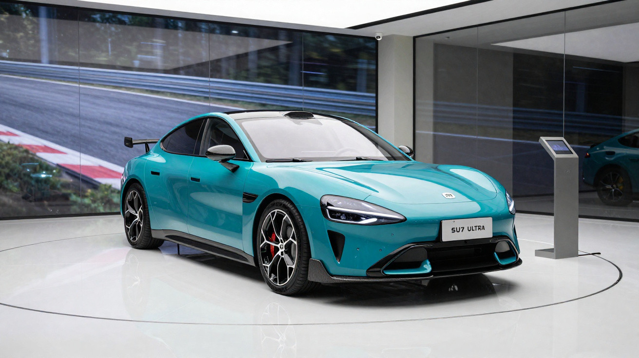 Carro esportivo elétrico azul exibido em showroom moderno com piso branco e painel de vidro.