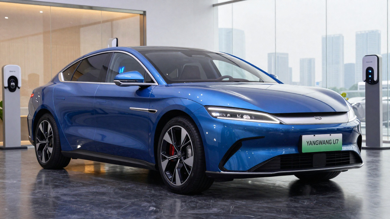 Carro elétrico azul Yangwang U7 exibido em showroom com estações de carregamento ao fundo.