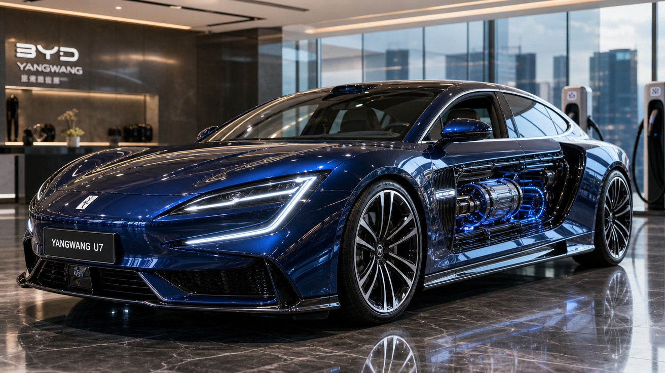 Carro esportivo elétrico azul BYD Yangwang U7 em showroom moderno com vidro e pisos brilhantes.