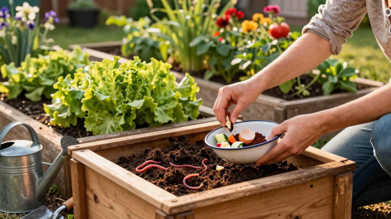 Pessoa adiciona restos de comida para minhocas em caixa de compostagem no jardim com hortaliças.