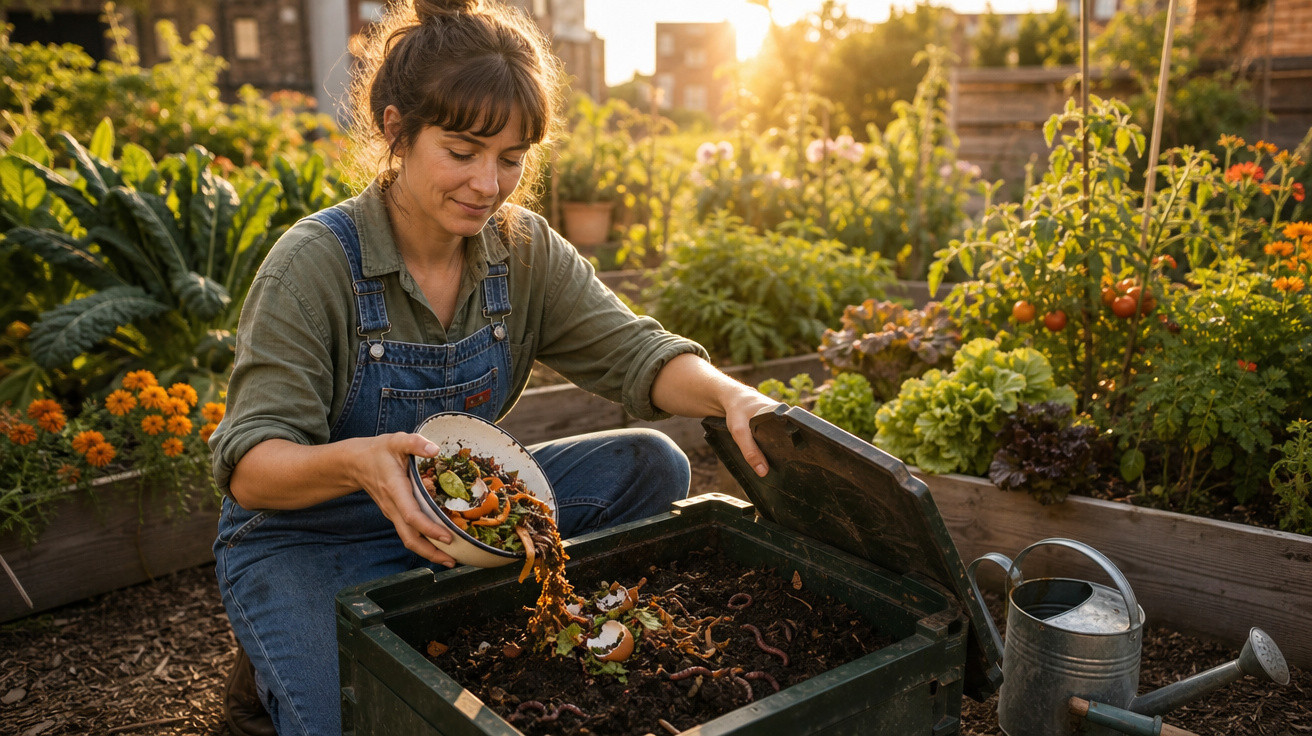 Mulher alimenta minhocas em composteira em horta urbana ensolarada ao entardecer.