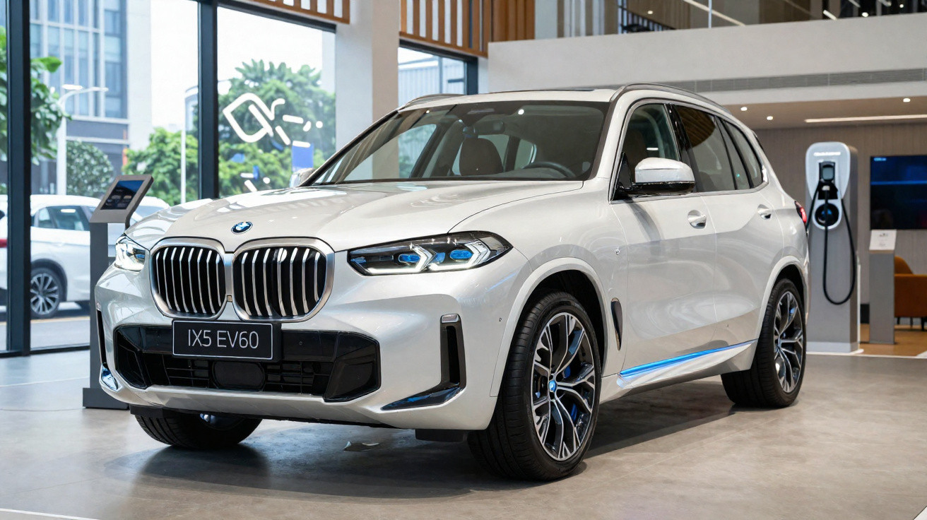 BMW IX5 EV60 branco exibido em showroom moderno com estação de carregamento elétrico ao fundo.