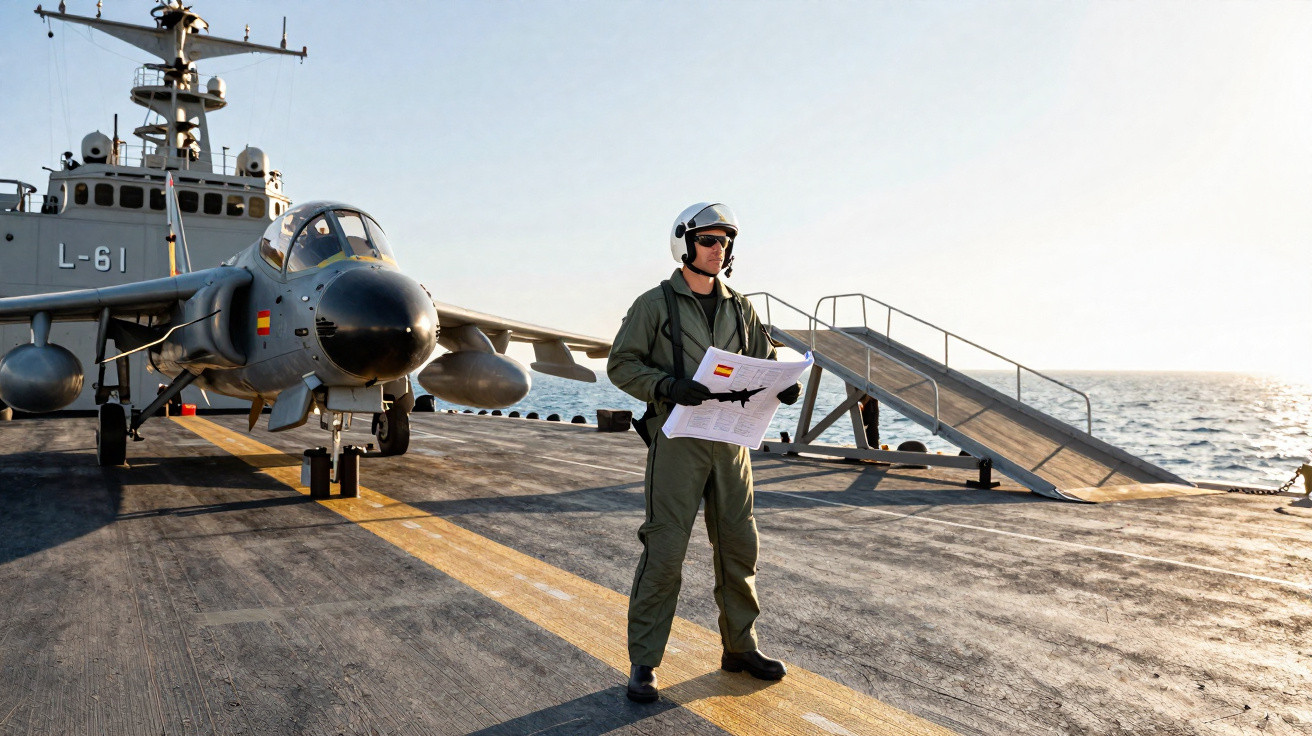 Aeronave militar estacionada no convés de porta-aviões com piloto em uniforme e capacete segurando mapas.