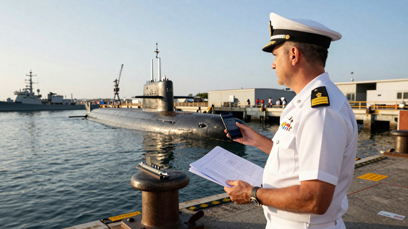 Oficial da Marinha em uniforme branco usando celular e segurando papéis à beira de doca com submarino ao fundo.