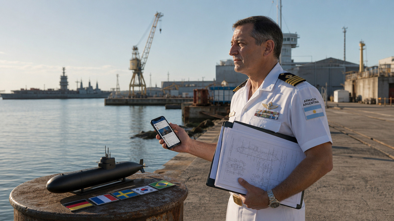 Oficial da Armada Argentina com uniforme branco segura celular e prancheta em porto com miniatura de submarino.