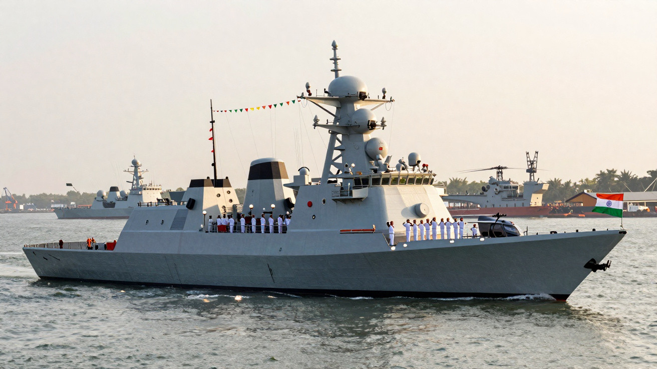 Navio de guerra militar cinza com tripulação alinhada no convés e bandeira da Índia na popa navegando em mar calmo.