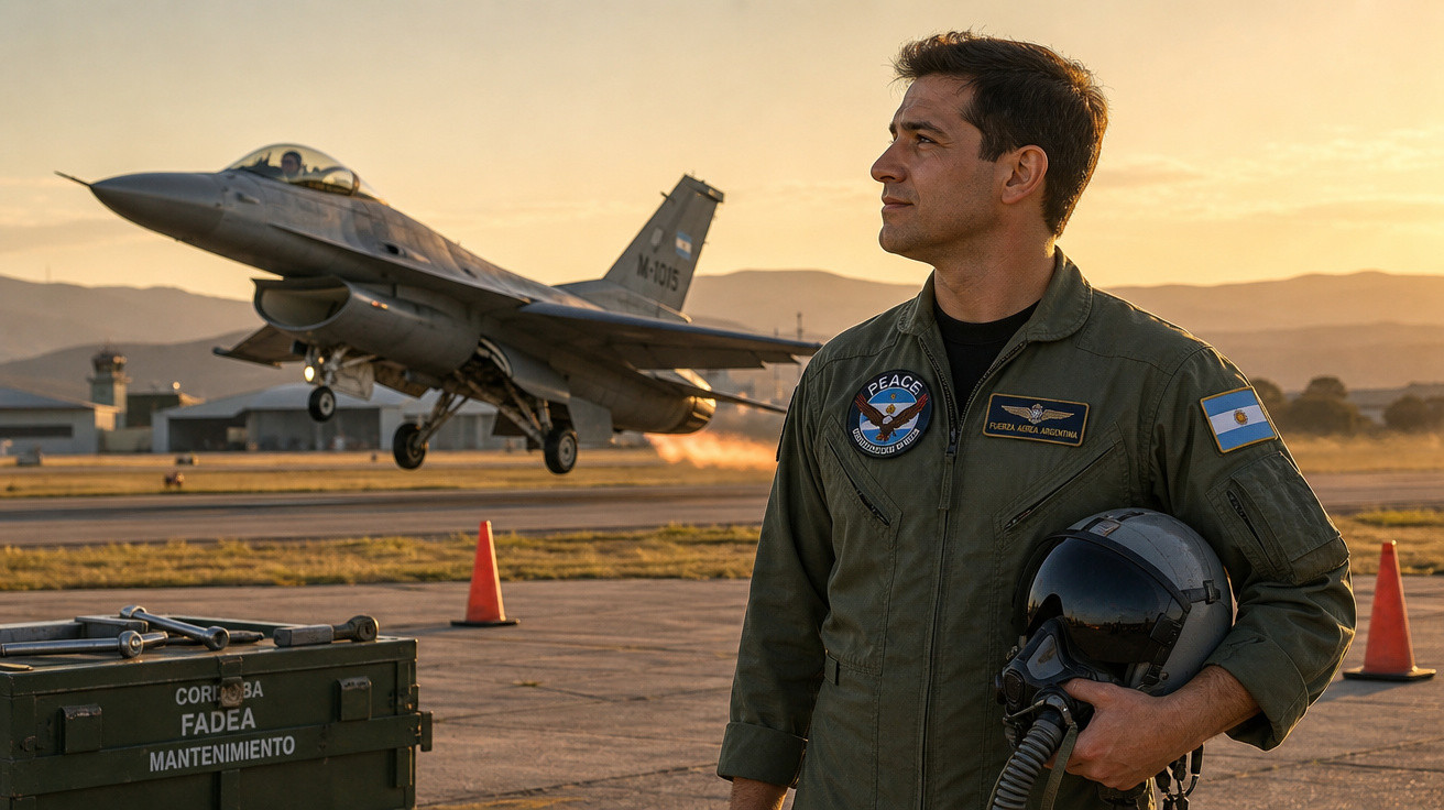 Piloto argentino em uniforme verde segura capacete com jato militar decolando ao fundo no pôr do sol.