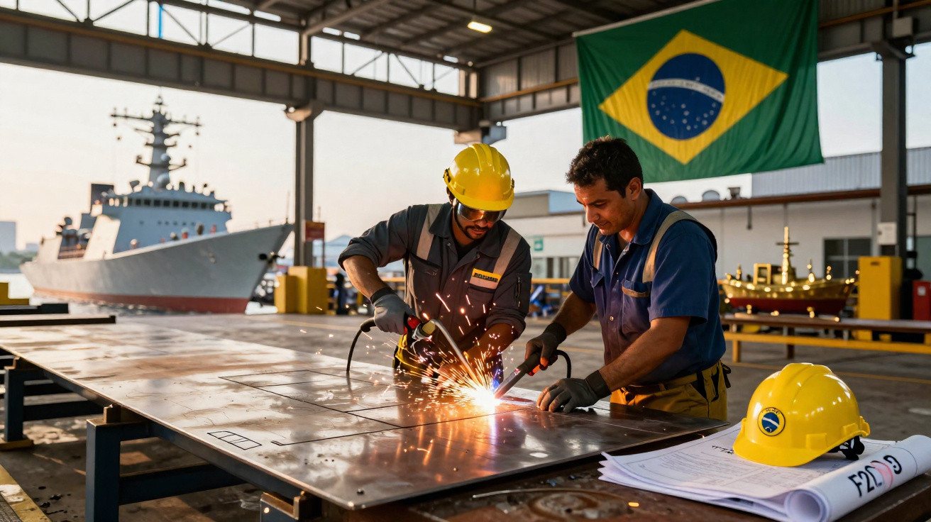 Dois trabalhadores industriais soldando chapa metálica em estaleiro com navio e bandeira do Brasil ao fundo.