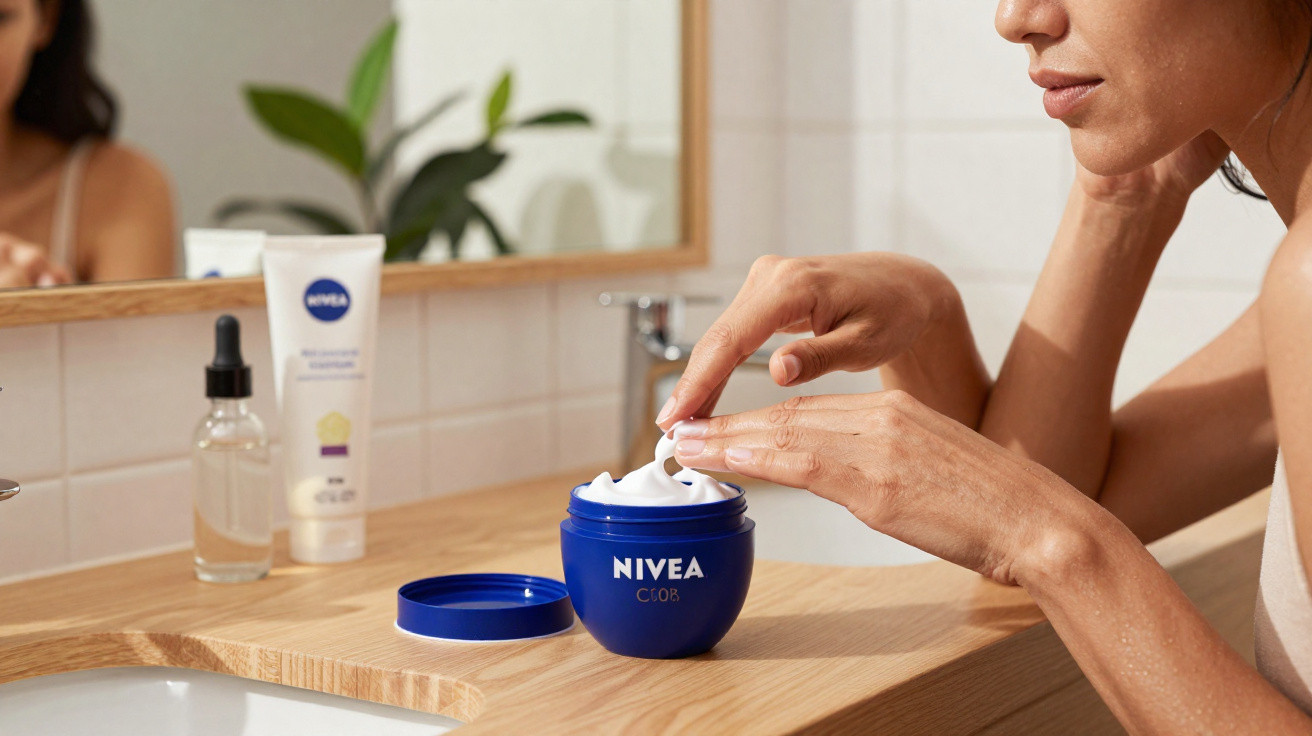 Mulher aplicando creme Nivea no dedo em banheiro com espelho e produtos no balcão de madeira.