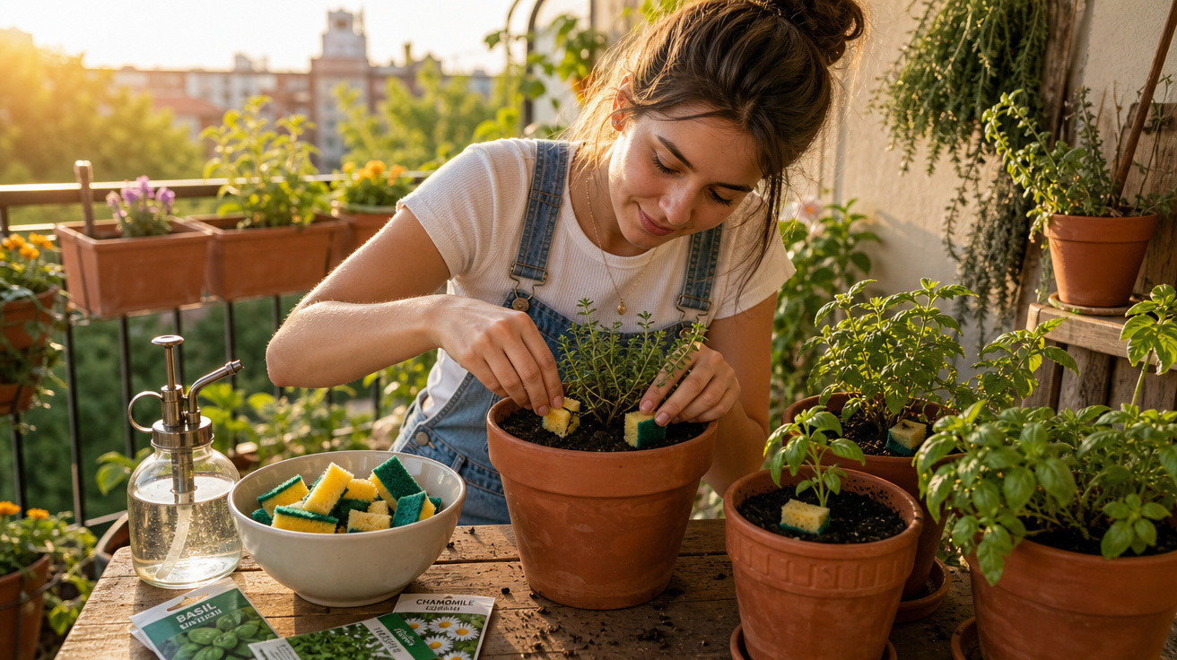 Jovem cuidando de plantas em vasos no jardim do apartamento ao entardecer.
