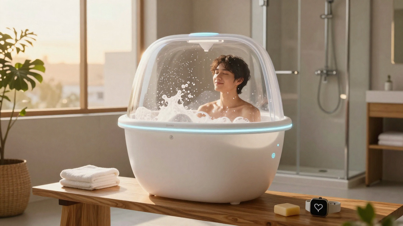 Pessoa relaxando em banheira compacta com tampo transparente em ambiente iluminado e moderno.