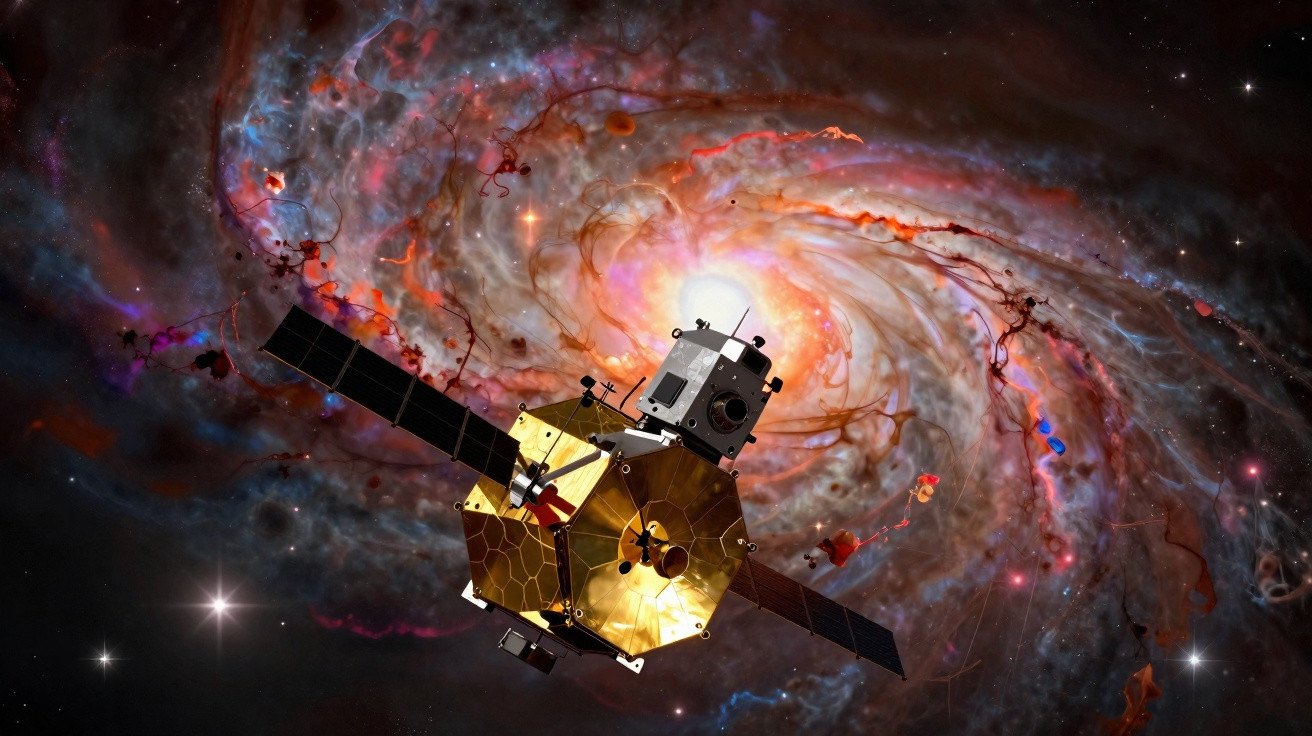 Nave espacial dourada com painéis solares viajando em direção a uma galáxia espiral colorida no espaço.