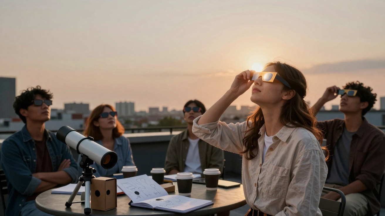 Grupo de pessoas observando o pôr do sol com óculos especiais para eclipse em um terraço.