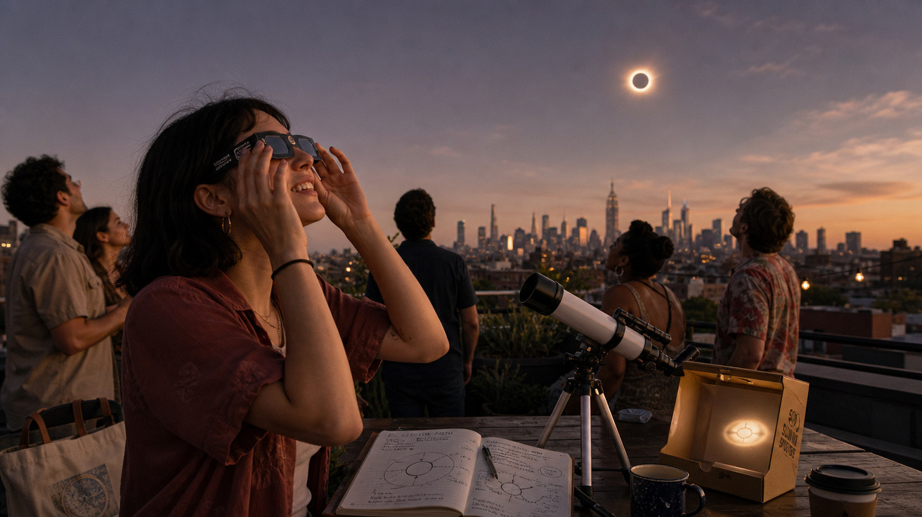 Grupo de pessoas observando eclipse solar com proteção ocular, telescópio e caderno com anotações em terraço.