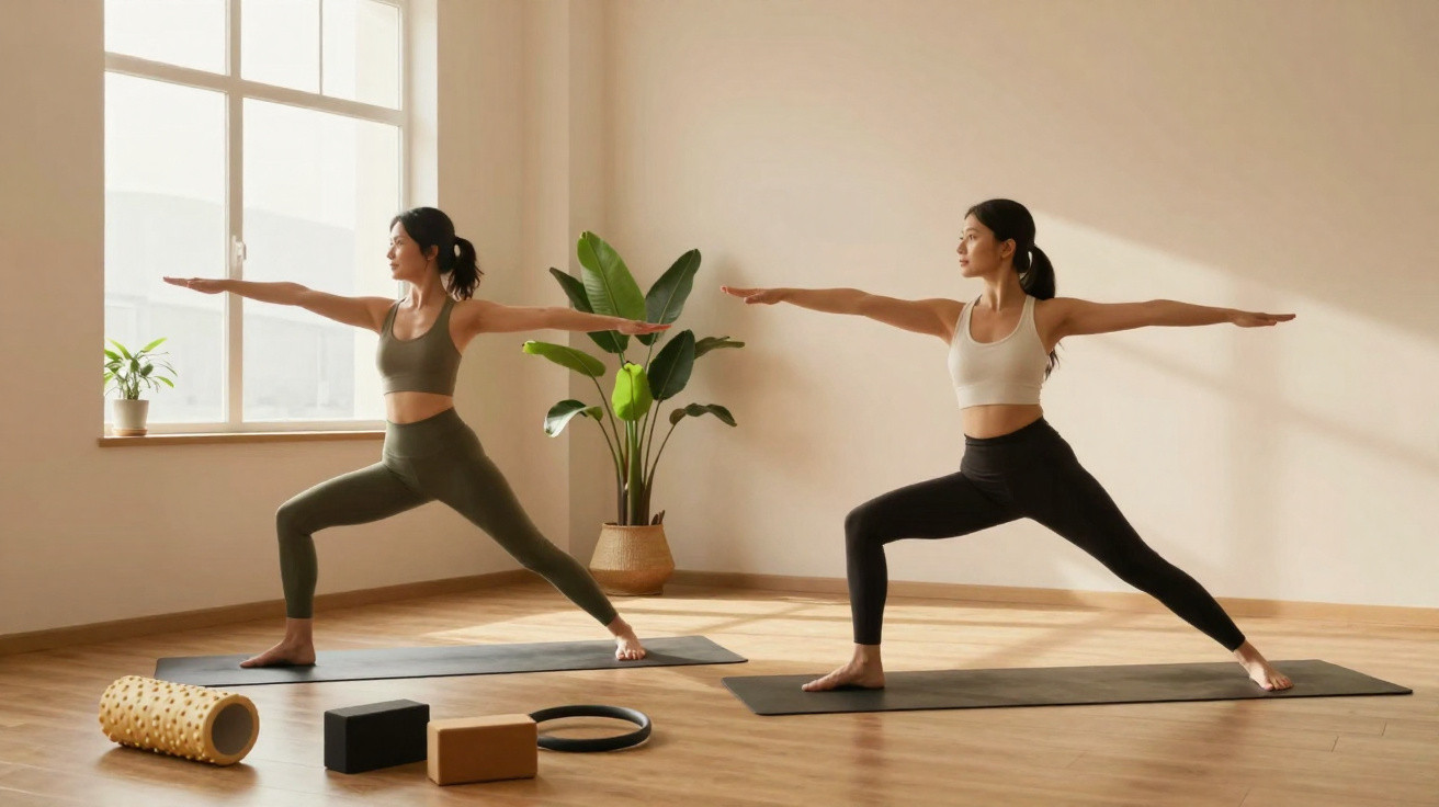 Duas mulheres praticando yoga na posição guerreiro em um estúdio iluminado natural.