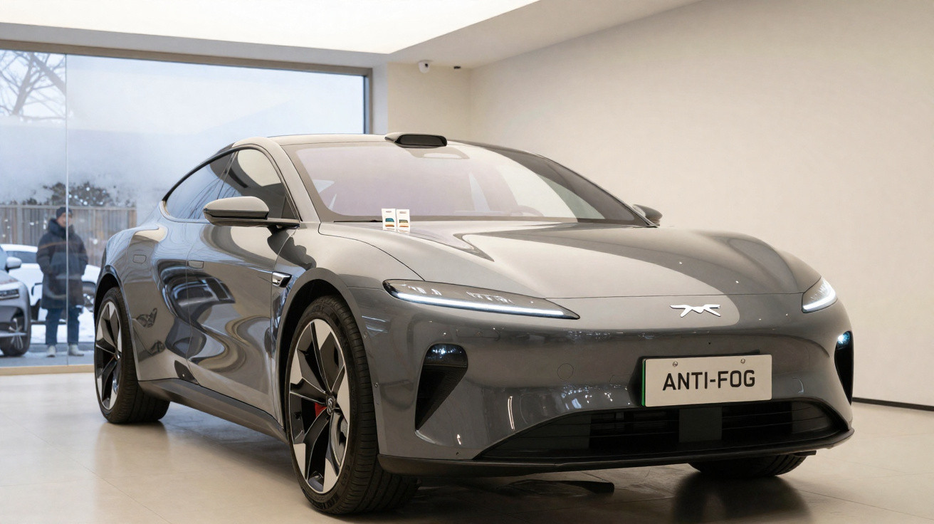Carro elétrico cinza moderno estacionado em ambiente interno com placa personalizada "ANTI-FOG".