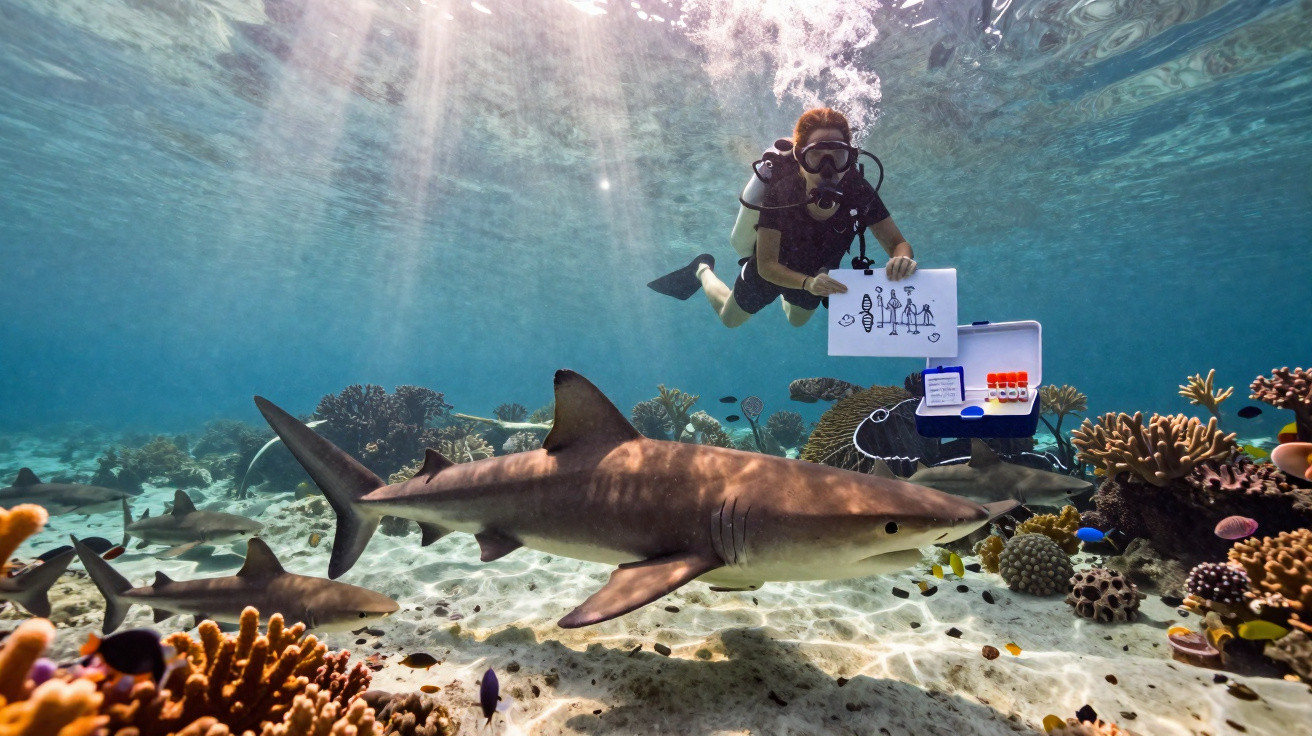 Mergulhador com equipamento de mergulho segura papel com desenho próximo a tubarões e corais no fundo do oceano.