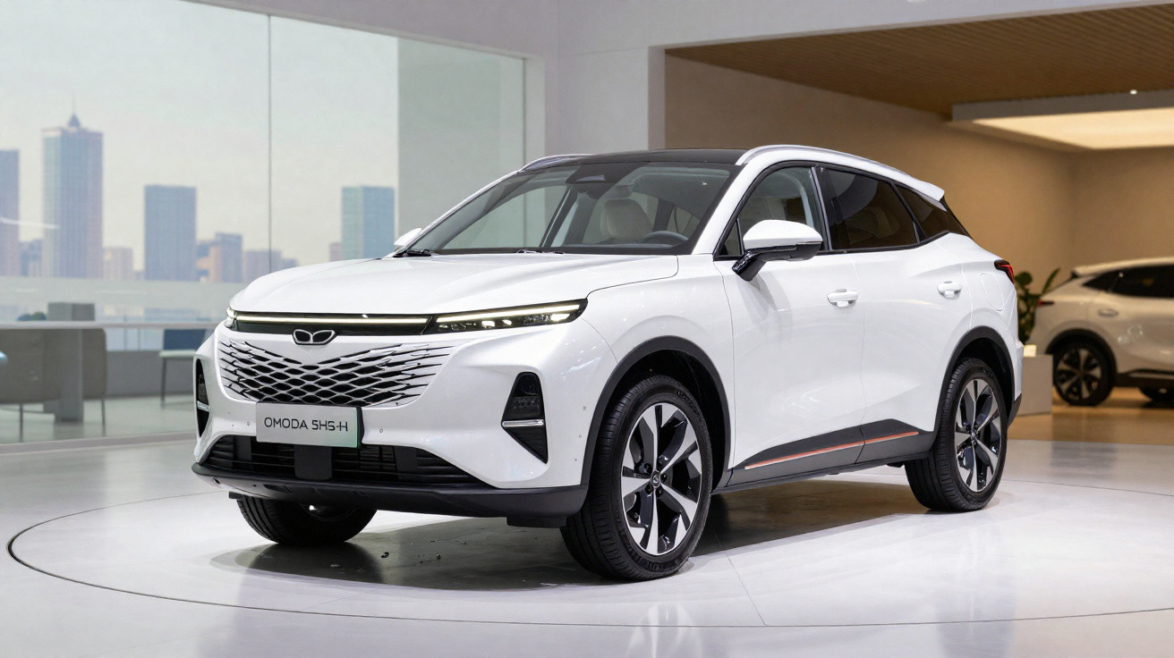 SUV elétrico branco Omoda 5H4H exibido em ambiente interno moderno.