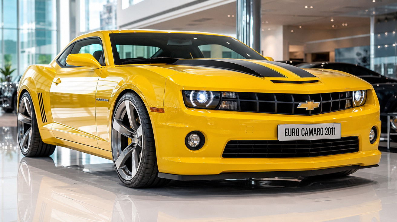 Carro esportivo Chevrolet Camaro amarelo 2011 com faixa preta, exibido em showroom brilhante.