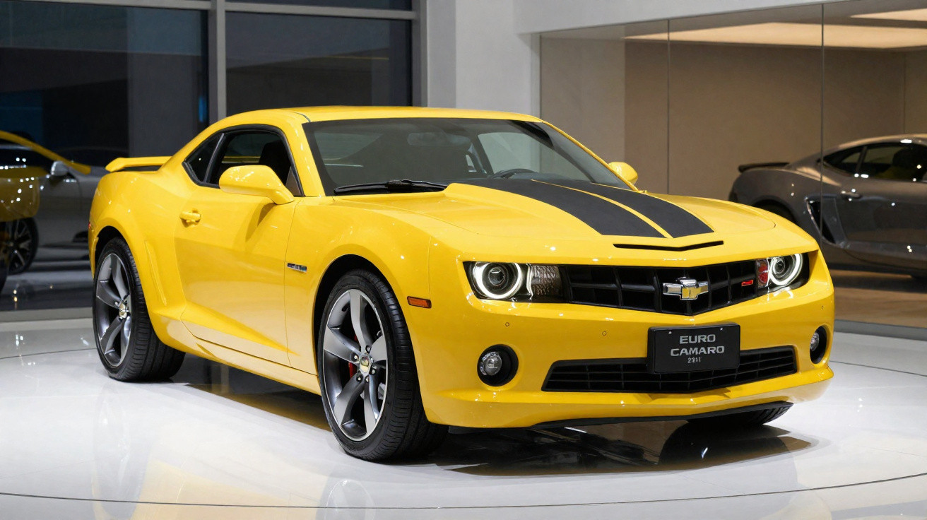 Carro esportivo amarelo Chevrolet Camaro 2011 com faixa preta exposto em ambiente interno.